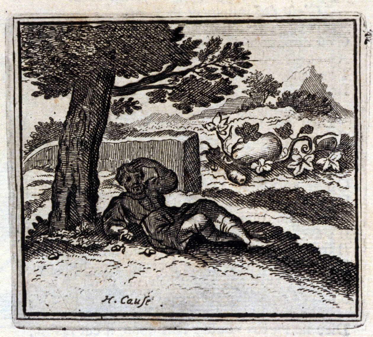 Żołądź i dynia. Bajki Jean de La Fontaine (1621-95). Ilustracja François Chauveau (1613-1676). Wydanie z 1728 r. autorstwa Francois Chauveau
