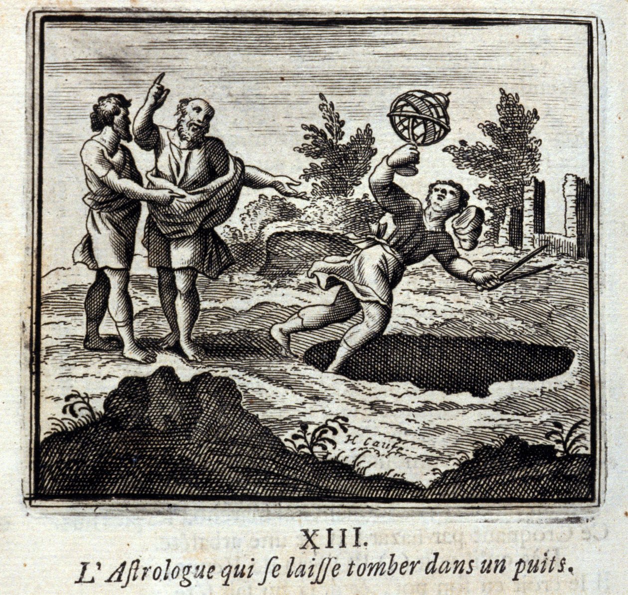Astrolog, który wpada do studni. Bajki Jean de La Fontaine (1621-95). Ilustracja François Chauveau (1613-1676). Wydanie z 1728 r. autorstwa Francois Chauveau