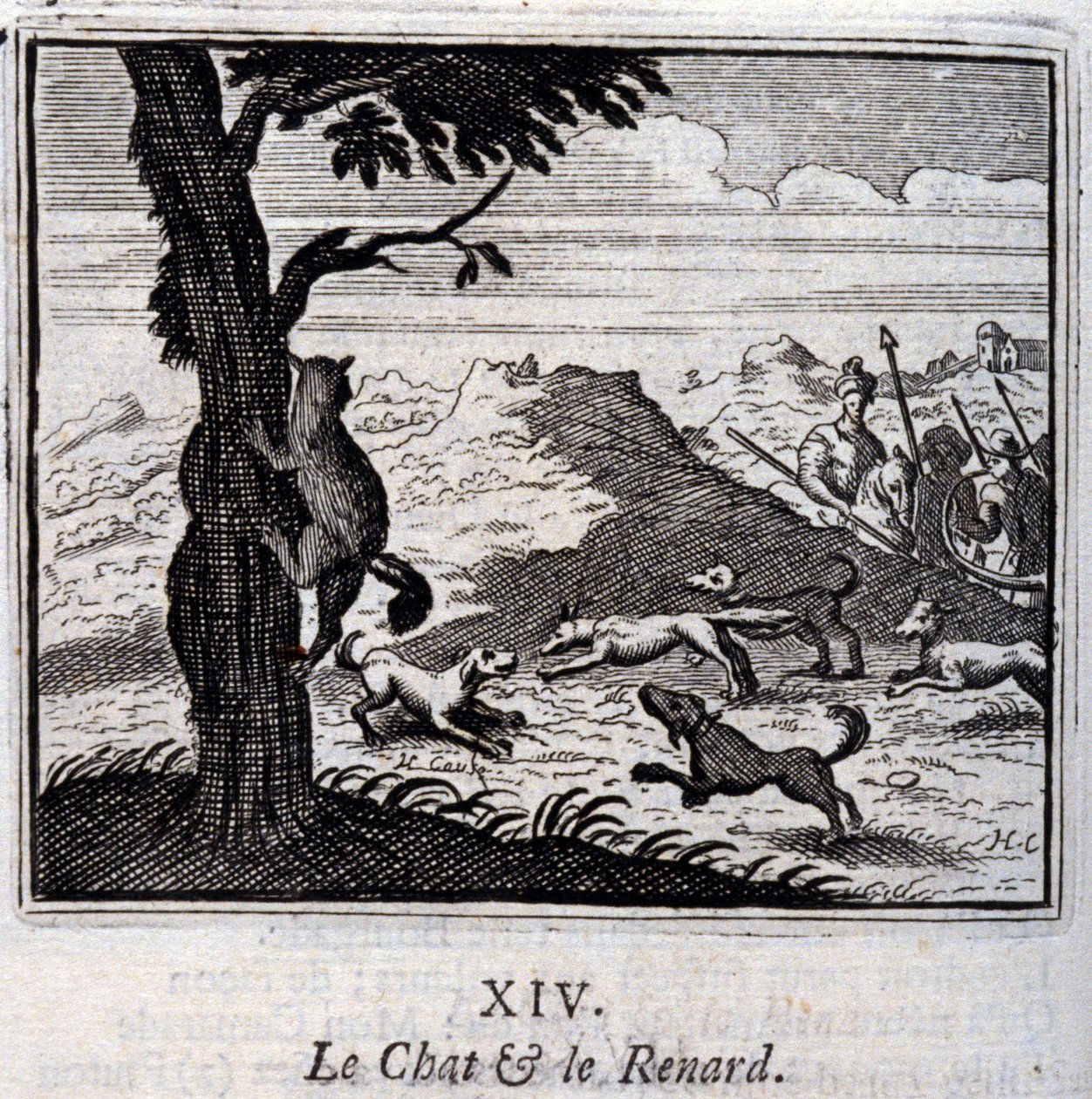 Kot i lis. Bajki Jean de La Fontaine (1621-95). Ilustracja autorstwa François Chauveau (1613-1676). Wydanie z 1728 r. autorstwa Francois Chauveau