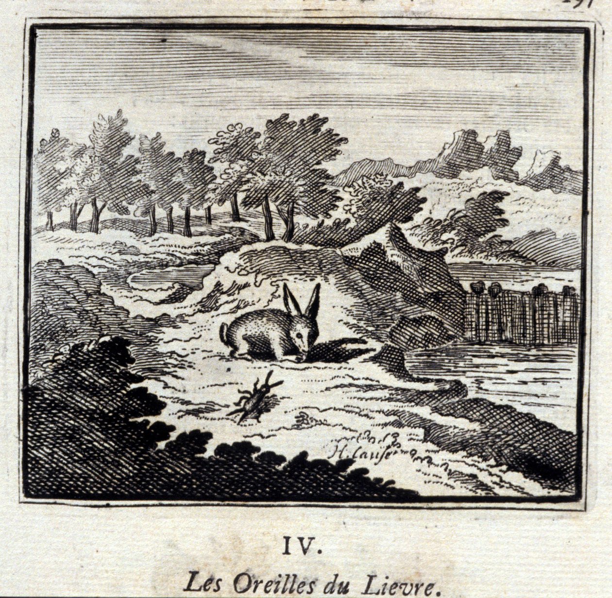 Uszy Lievre. Bajki Jean de La Fontaine (1621-95). Ilustracja François Chauveau (1613-1676). Wydanie z 1728 r. autorstwa Francois Chauveau