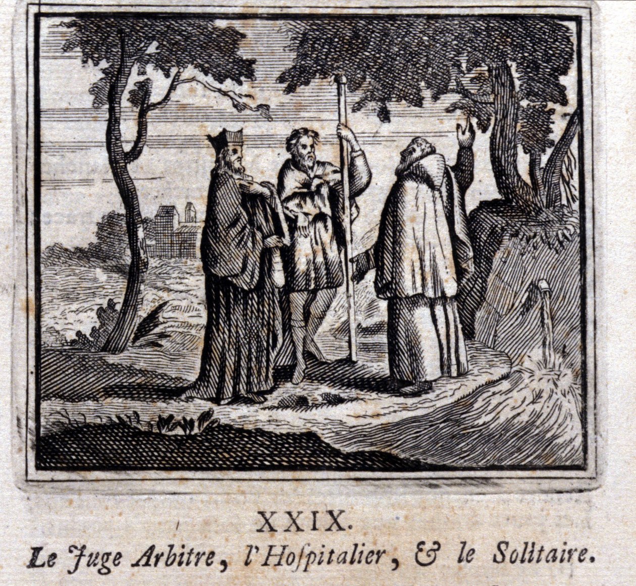 Sędzia sędziuje Szpitalnika i Pasjansa. Bajki Jean de La Fontaine (1621-95). Ilustracja Francois Chauveau (1613-1676). Wydanie z 1728 r. autorstwa Francois Chauveau