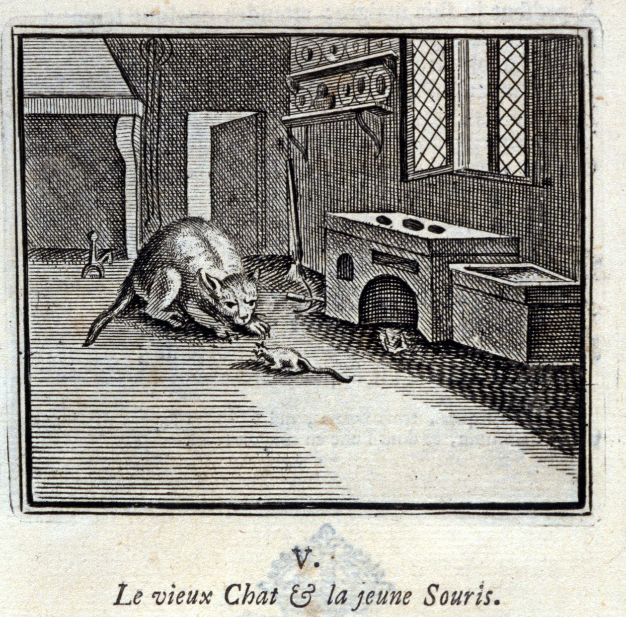 Stary Kot i młoda Mysz. Bajki Jean de La Fontaine (1621-95). Ilustracja François Chauveau (1613-1676). Wydanie z 1728 r. autorstwa Francois Chauveau