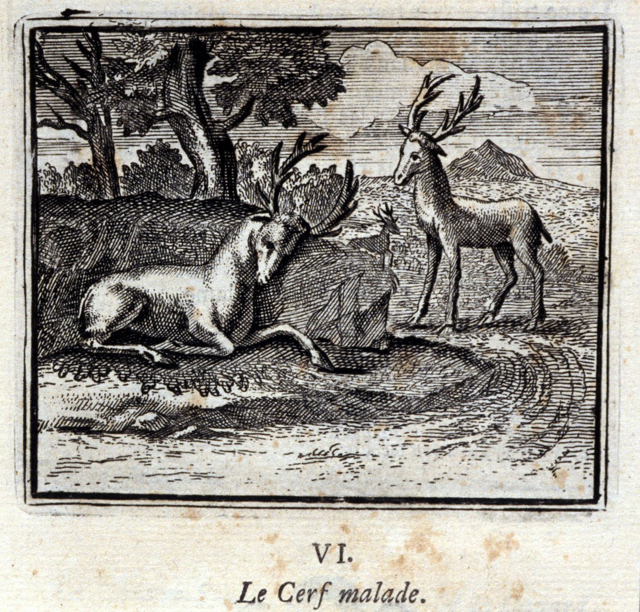 Chory jeleń. Bajki Jean de La Fontaine (1621-95). Ilustracja François Chauveau (1613-1676). Wydanie z 1728 r. autorstwa Francois Chauveau