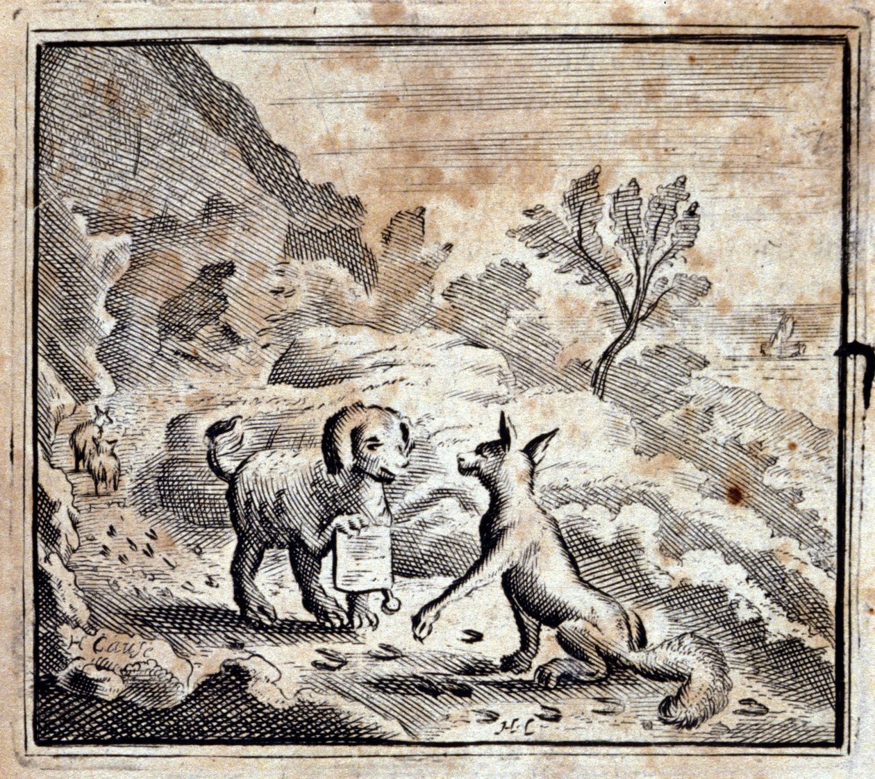 Chory lew i lis. Bajki Jean de La Fontaine (1621-95). Ilustracja François Chauveau (1613-1676). Wydanie z 1728 r. autorstwa Francois Chauveau