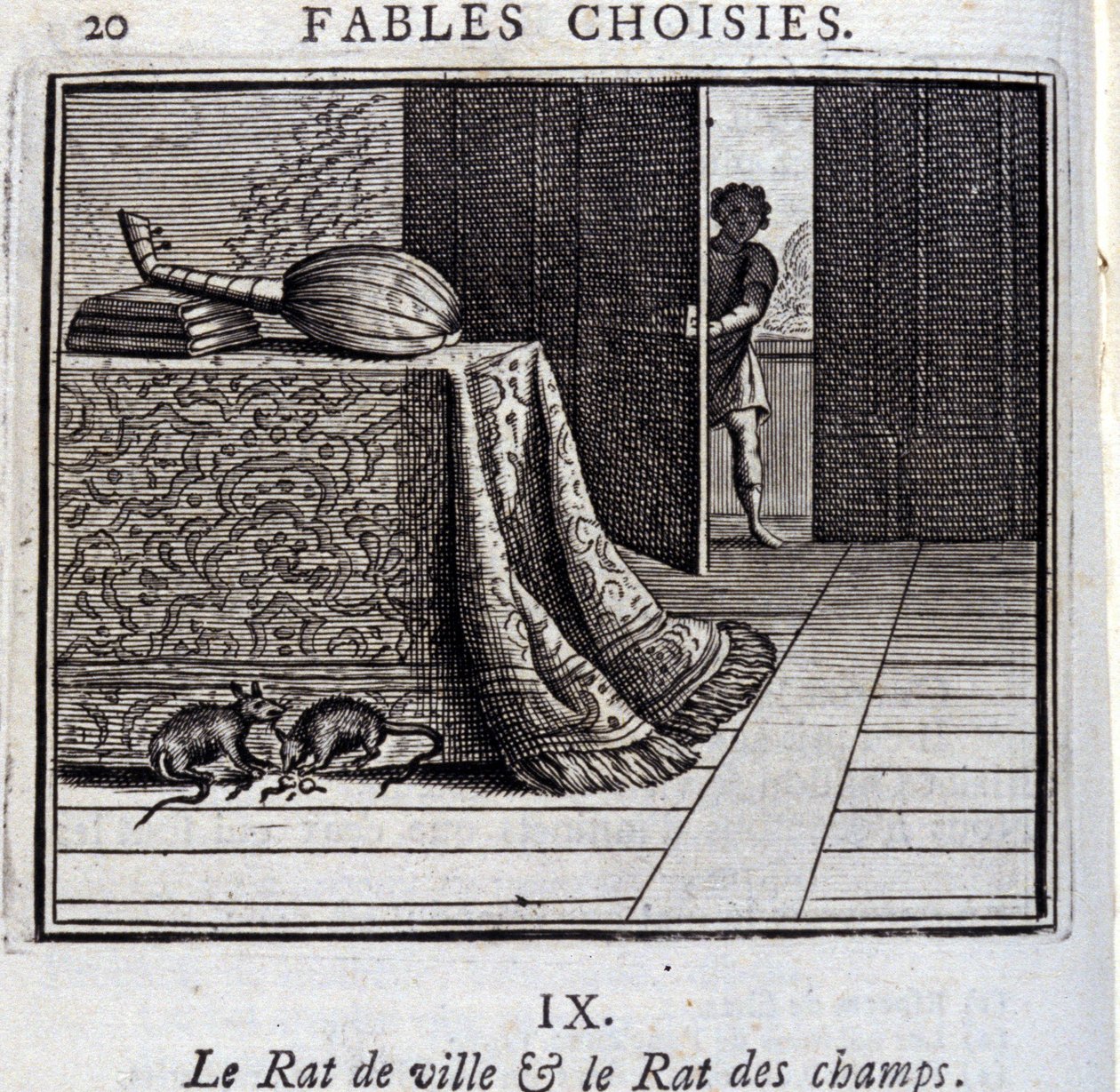 Szczur miejski i szczur polny. Bajki Jean de La Fontaine (1621-95). Ilustracja François Chauveau (1613-1676). Wydanie z 1728 r. autorstwa Francois Chauveau