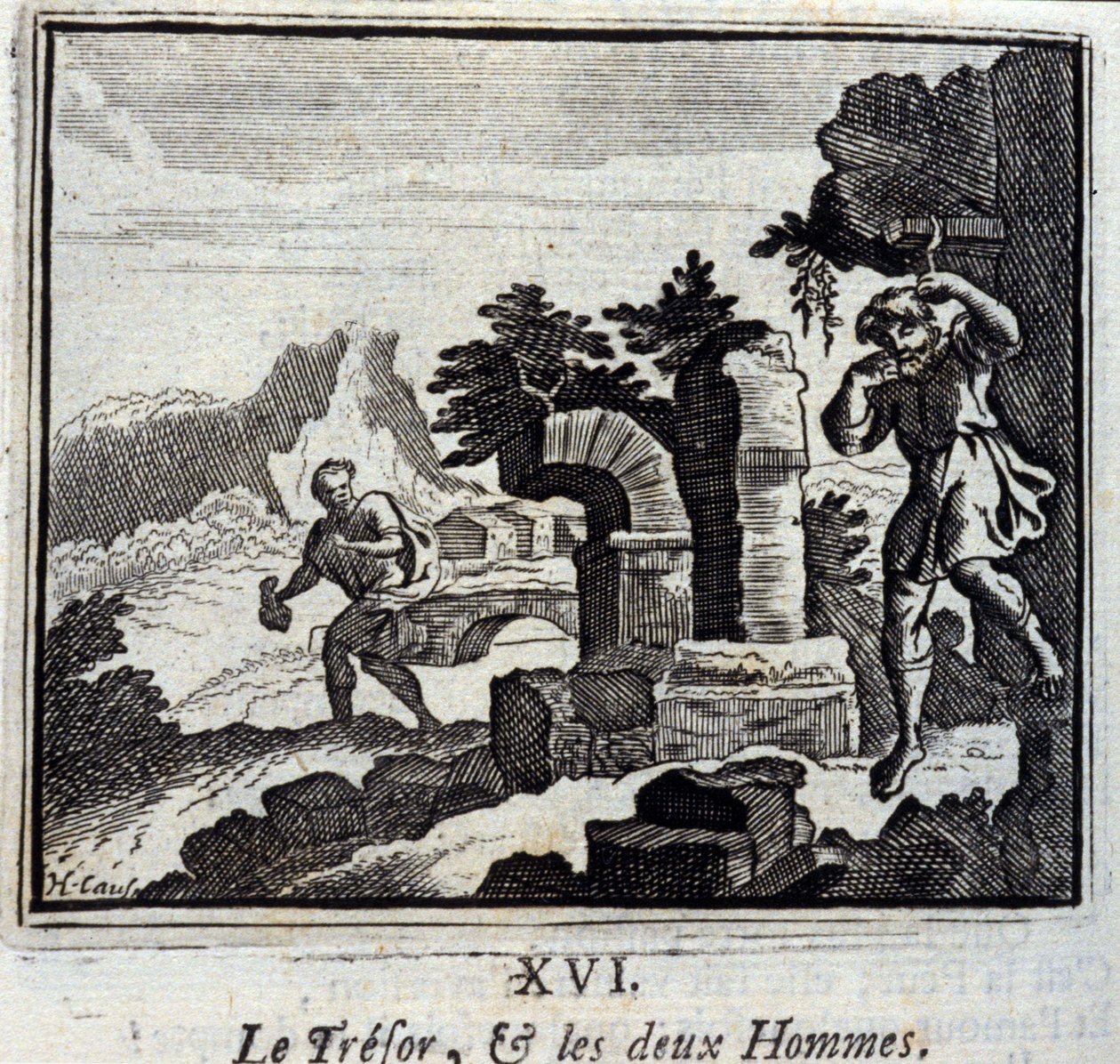 Skarbnik i dwaj mężczyźni. Bajki Jean de La Fontaine (1621-95). Ilustracja François Chauveau (1613-1676). Wydanie z 1728 r. autorstwa Francois Chauveau