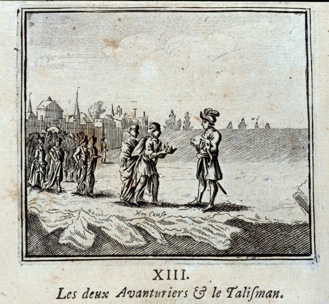 Dwóch poszukiwaczy przygód i talizman. Bajki Jean de La Fontaine (1621-95). Ilustracja François Chauveau (1613-1676). Wydanie z 1728 r. autorstwa Francois Chauveau