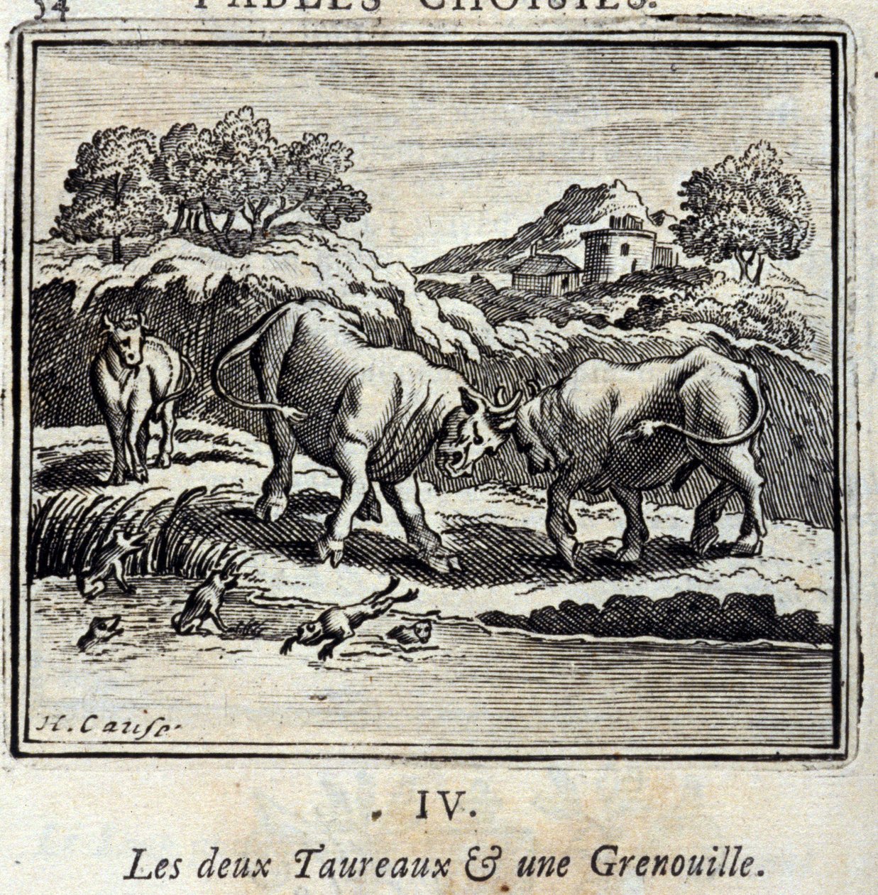 Dwa Byki i Żaba. Bajki Jean de La Fontaine (1621-95). Ilustracja Francois Chauveau (1613-1676). Wydanie z 1728 r. autorstwa Francois Chauveau