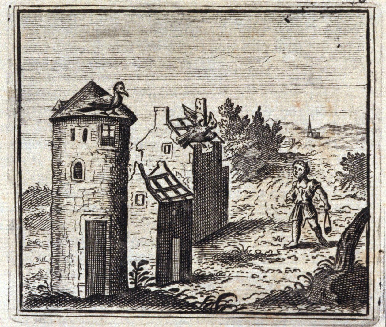 Dwa gołębie. Bajki Jean de La Fontaine (1621-95). Ilustracja Francois Chauveau (1613-1676). Wydanie z 1728 r. autorstwa Francois Chauveau