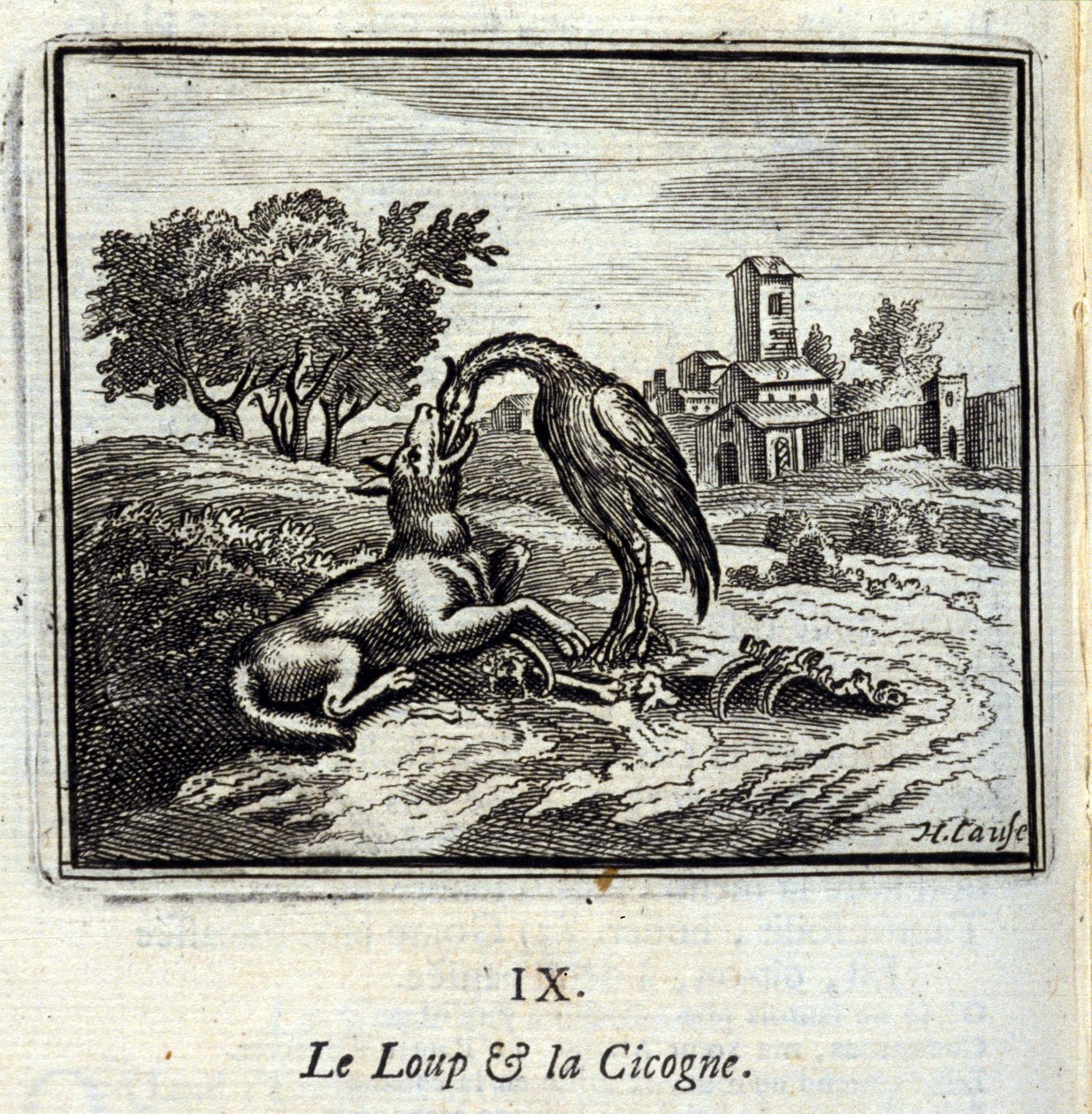 Wilk i bocian. Bajki Jean de La Fontaine (1621-95). Ilustracja François Chauveau (1613-1676). Wydanie z 1728 r. autorstwa Francois Chauveau