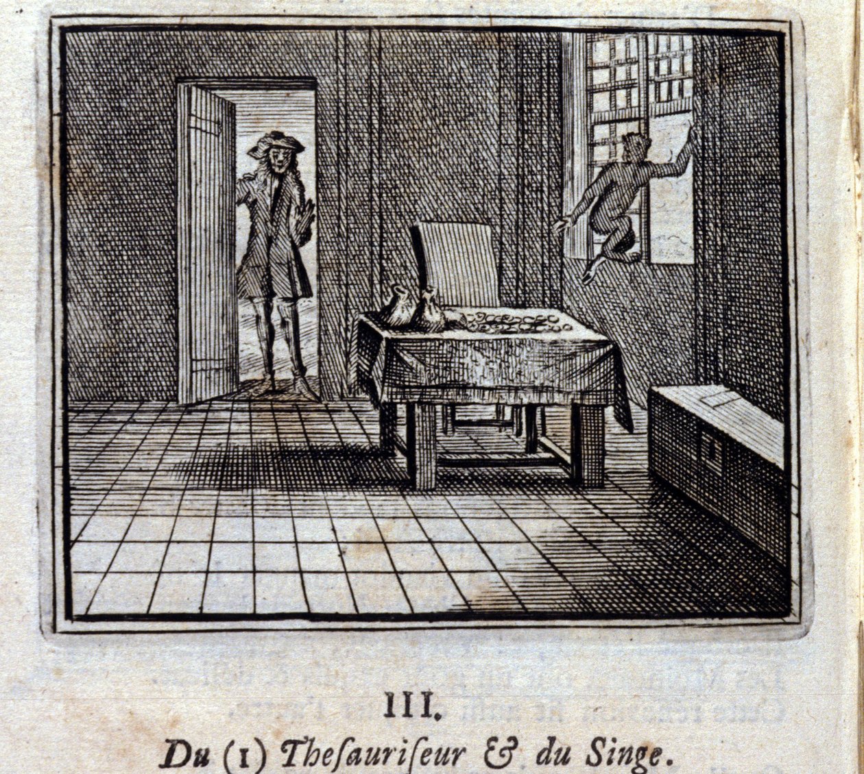 Tezaurator i Małpa. Bajki Jean de La Fontaine (1621-95). Ilustracja Francois Chauveau (1613-1676). Wydanie z 1728 r. autorstwa Francois Chauveau