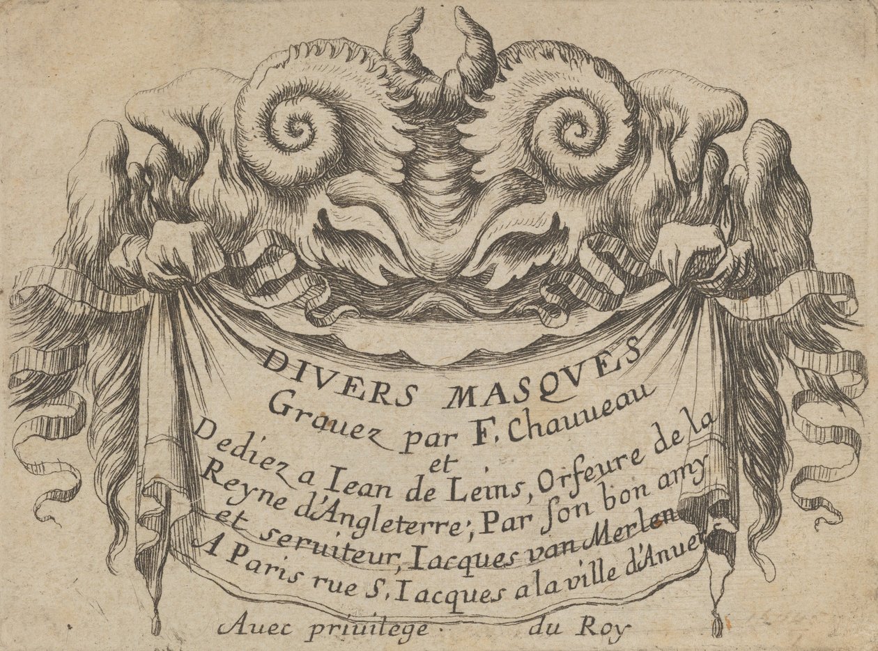 Tabliczka tytułowa z dwiema głowami satyra, z Divers Masques, ca. 1635-45. autorstwa Francois Chauveau