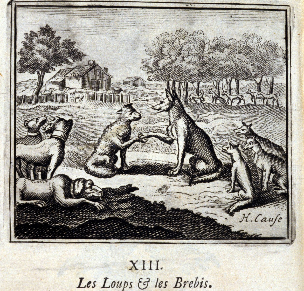 Wilki i owce. Bajki Jean de La Fontaine (1621-95). Ilustracja Francois Chauveau (1613-1676). Wydanie z 1728 r. autorstwa Francois Chauveau