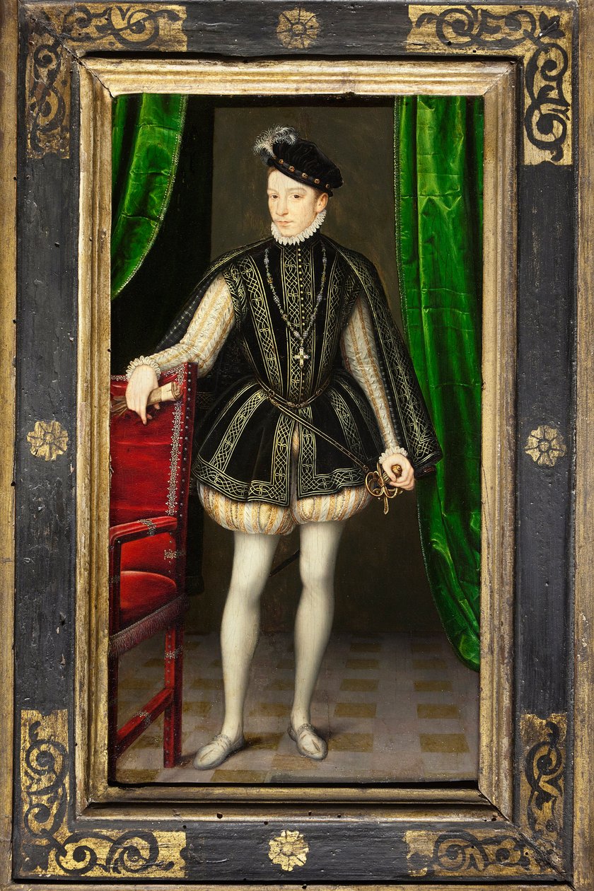 Portret Karola IX (1550-1574), drugiego syna Henryka II i Katarzyny Medycejskiej, króla Francji po śmierci brata Franciszka II (1544-1560), poślubionego w 1570 Elżbiety Austriackiej (1554-1592), Jego panowanie naznaczone jest wojnami religijnymi i autorstwa François Clouet