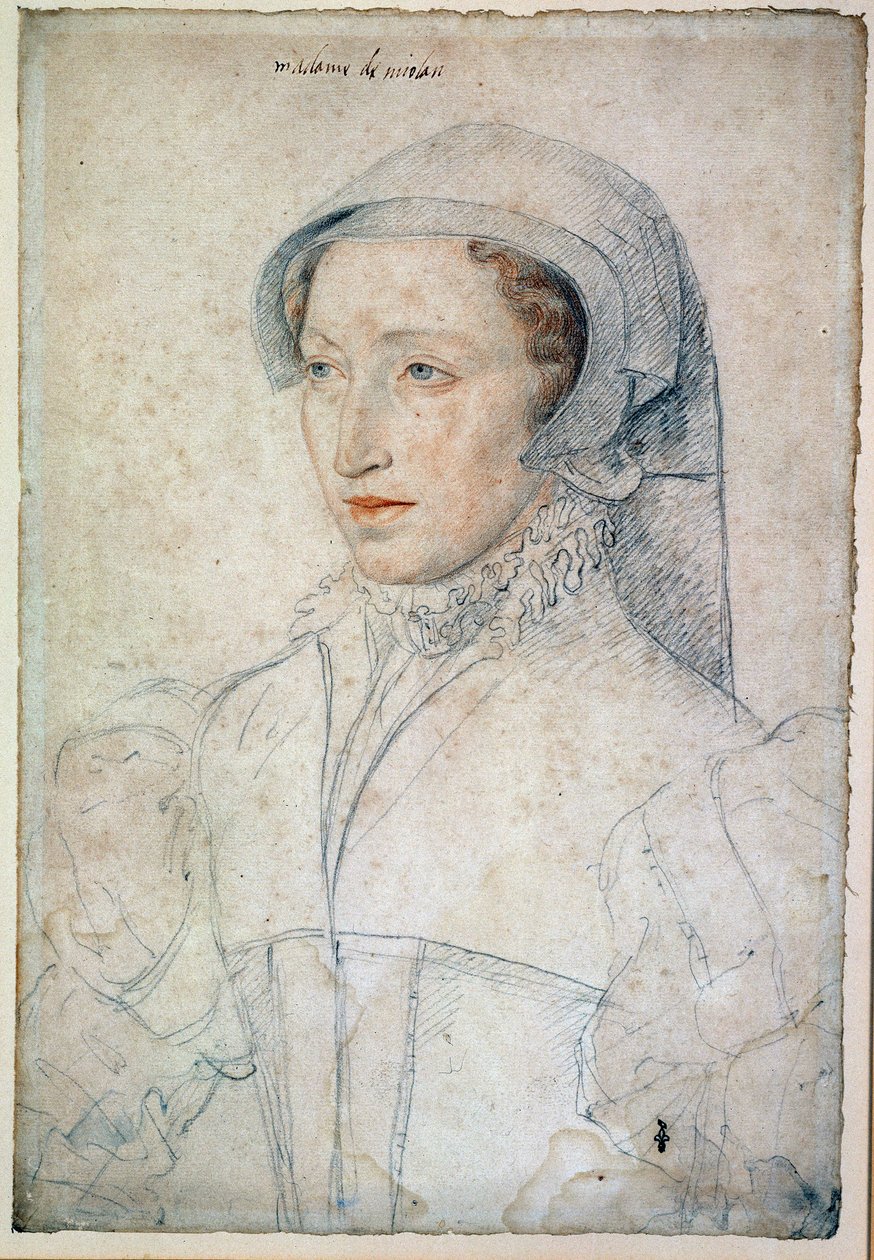 Portret Francoise Mareschal damy Parc Mitte-de-Miolans, żony Jana III z Miolans (ok. 1520-1575). Pani Honorowej Katarzyny Medycejskiej. Rysunek z czarnym kamieniem i krwią autorstwa Francois Clouet (1515). autorstwa François Clouet