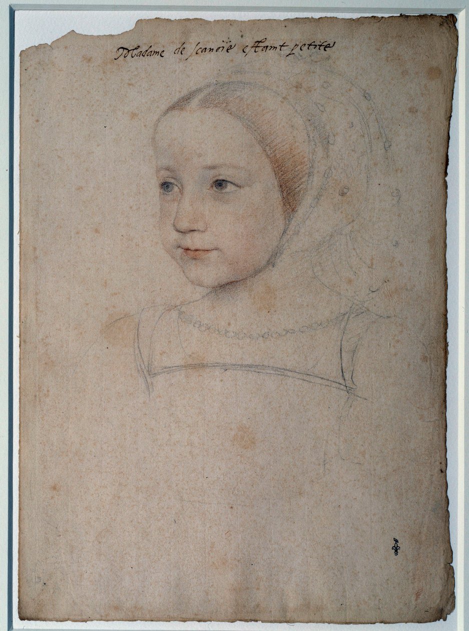 Portret dziecka Marguerite de France (1523-1574), córki Franciszka I, księżnej Sabaudii Rysunek czarnym kamieniem, krew wzmocniona akwarelą Francois Clouet (1515-1572) XVI w. Chantilly, Musee Conde autorstwa François Clouet
