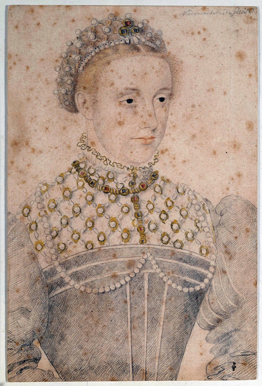 Portret młodej Marii Stuart (1542-1587) Królowej Francji i Szkocji Rysunek ołówkiem Francois Clouet (1515-1572). 16 wiek. Chantilly, Muzeum Conde autorstwa François Clouet