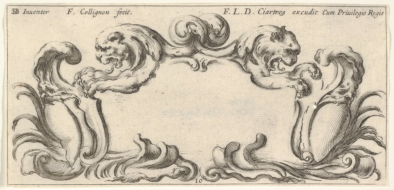 Płyta 10: kartusz z głowami dwóch lwów z profilu w lewo iw prawo w t..., ca. 1640-45. autorstwa Francois Collignon