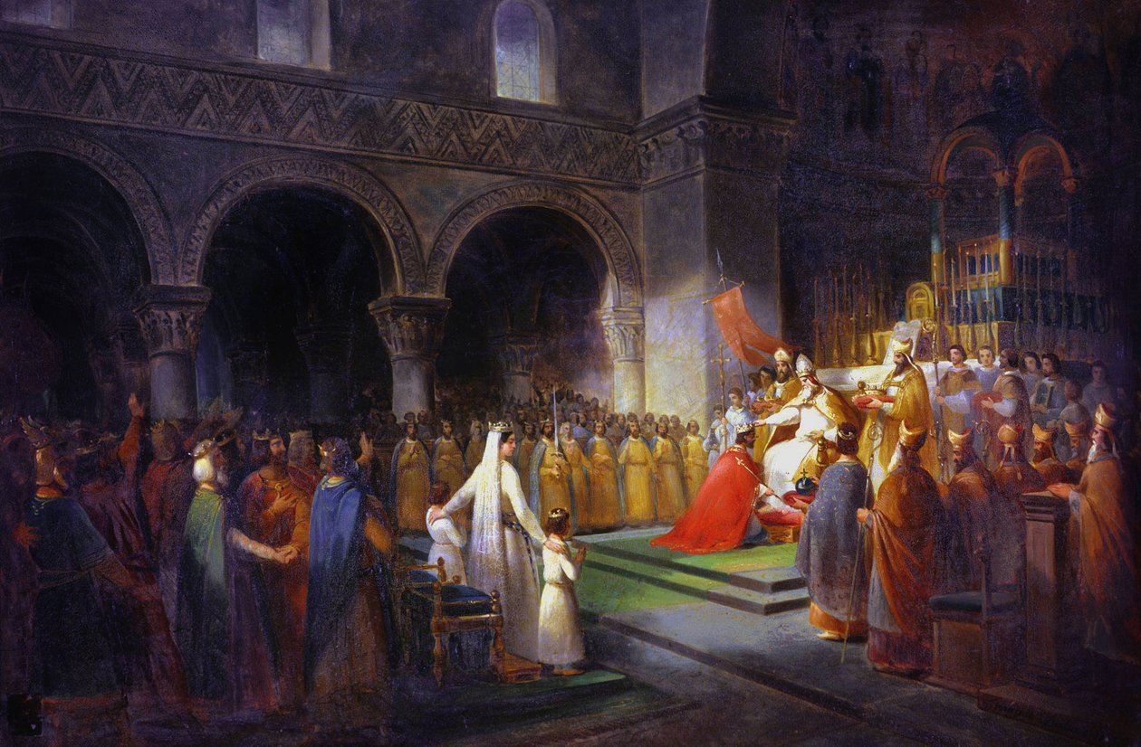 Koronacja Pepina le Brefa w opactwie Saint Denis autorstwa Francois Dubois