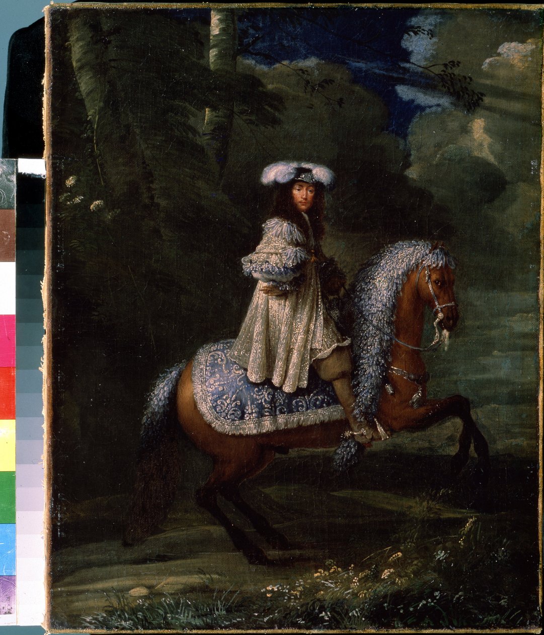 Jeździec w błękicie (Portret jeździecki Ludwika XIV, ok. 1670, olej na płótnie) autorstwa Francois Duchatel