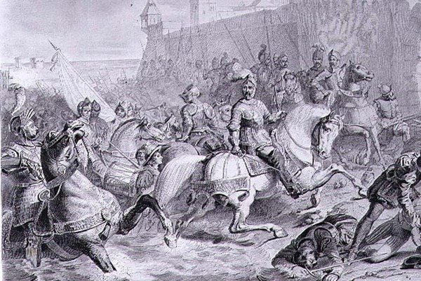 Zdobycie Calais przez Francisa, 2. księcia Guise (1519-63) w 1558, ryty przez Amedee Felix Barthelemy Geilee (1802-43) (rycina) autorstwa Francois Edouard (after) Picot