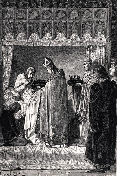 Karol V (1338-80) na łożu śmierci, otrzymujący z wielką religijnością koronę cierniową, z „Les Chroniqueurs de l