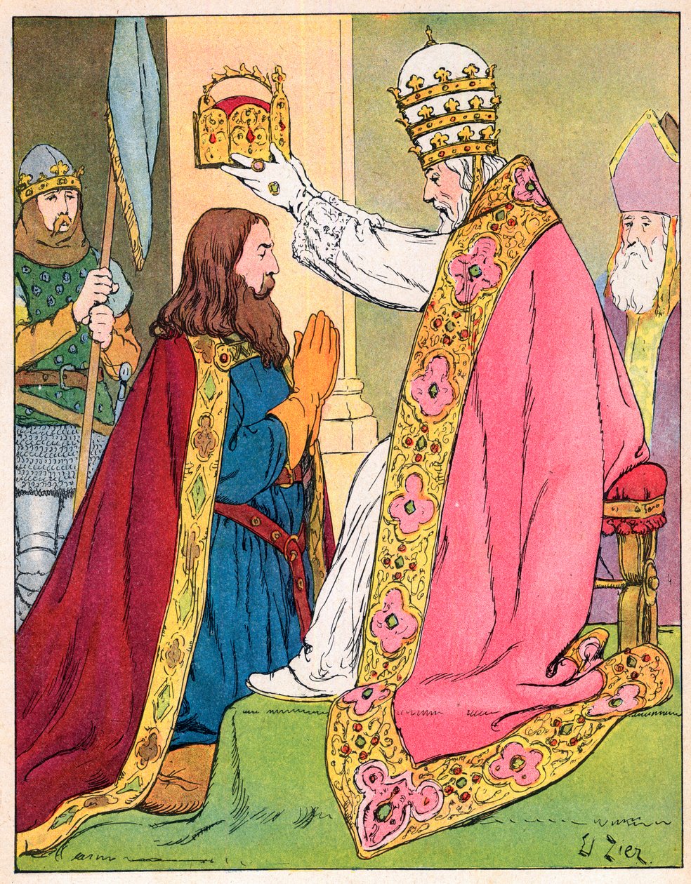 Karol Wielki (742-814) ukoronowany przez papieża Leona III (c750-816) w bazylice św. Piotra w Rzymie 25 grudnia 800 - Uświęcenie (Koronacja) Karola Wielkiego (742-814) w 800 przez papieża Leona III - Ilustracja Franciszka Ziera ( 1856-1924) zaczerpnięty z  autorstwa Francois Edouard Zier