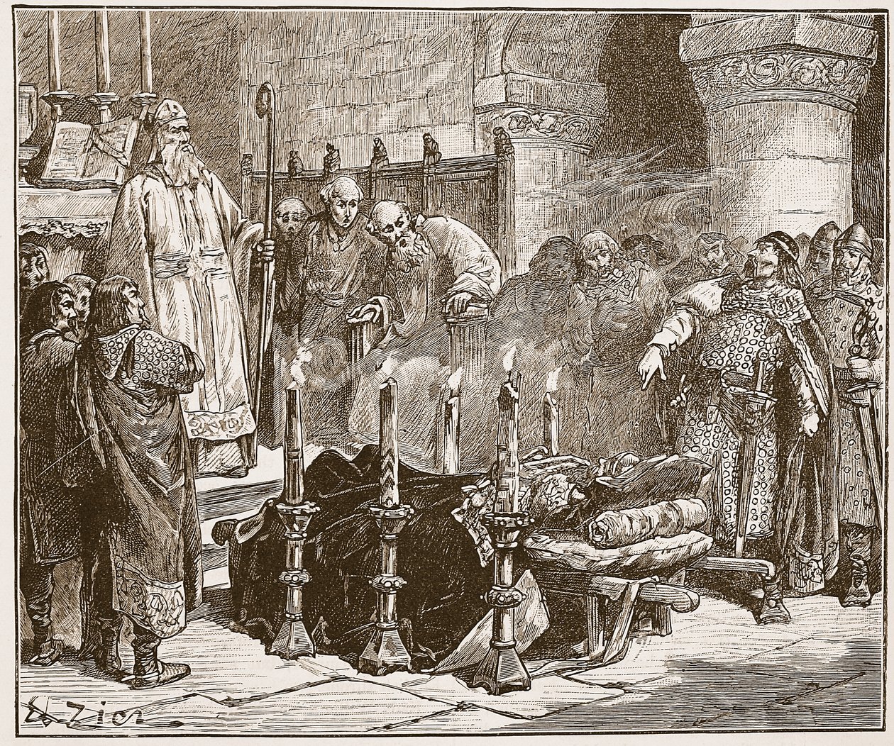 Fitz-Arthur zabrania pochówku Williama, ilustracja z „Ilustrowanej historii Anglii Cassella” (zdjęcie w sepii) autorstwa Francois Edouard Zier