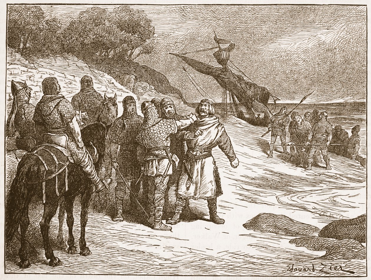 Harold wzięty do niewoli przez hrabiego Ponthieu, ilustracja z „Ilustrowanej historii Anglii Cassella” (zdjęcie w sepii) autorstwa Francois Edouard Zier