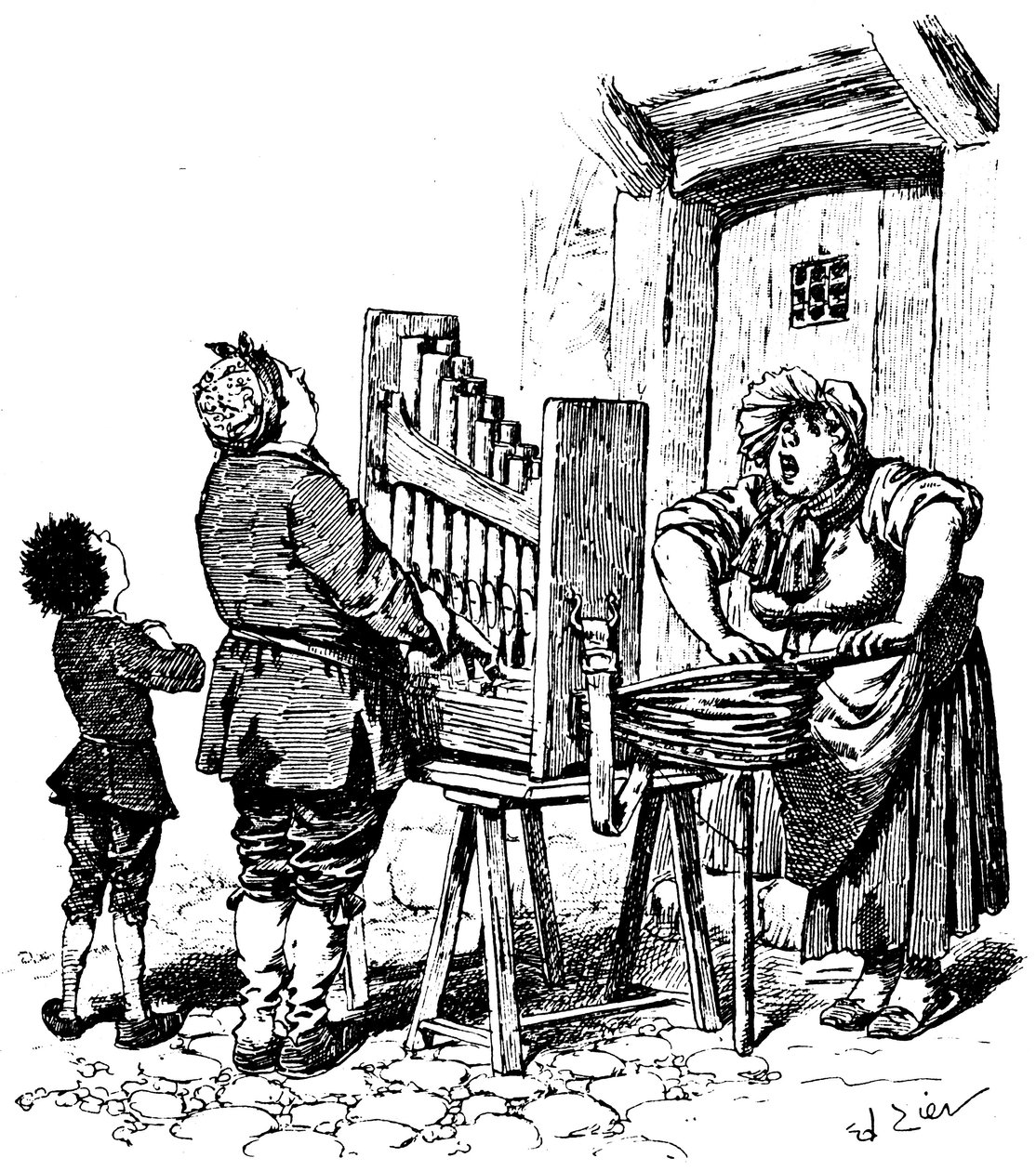 Ilustracja do komiksu Paula Scarrona: Barbarzyński organista wpadł na ulicę (rycina) autorstwa Francois Edouard Zier