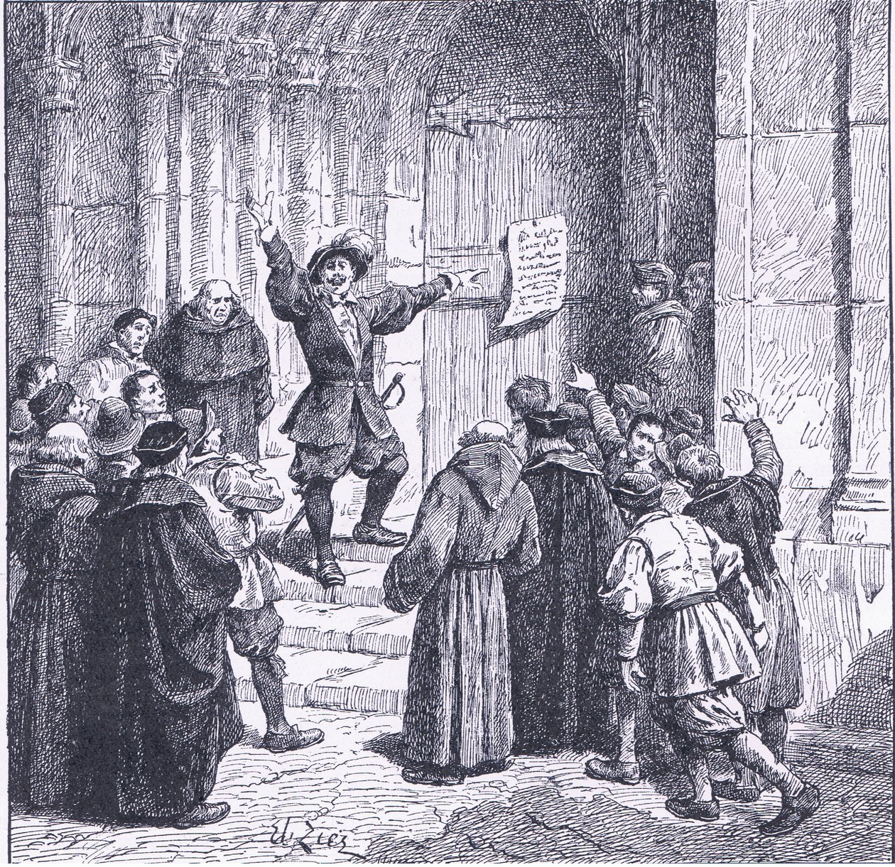 Robert Aske umieszcza swoją proklamację na drzwiach York Minster, z Cassells History of the British People opublikowanej przez Waverley Book Company, c. 1950 (litografia) autorstwa Francois Edouard Zier