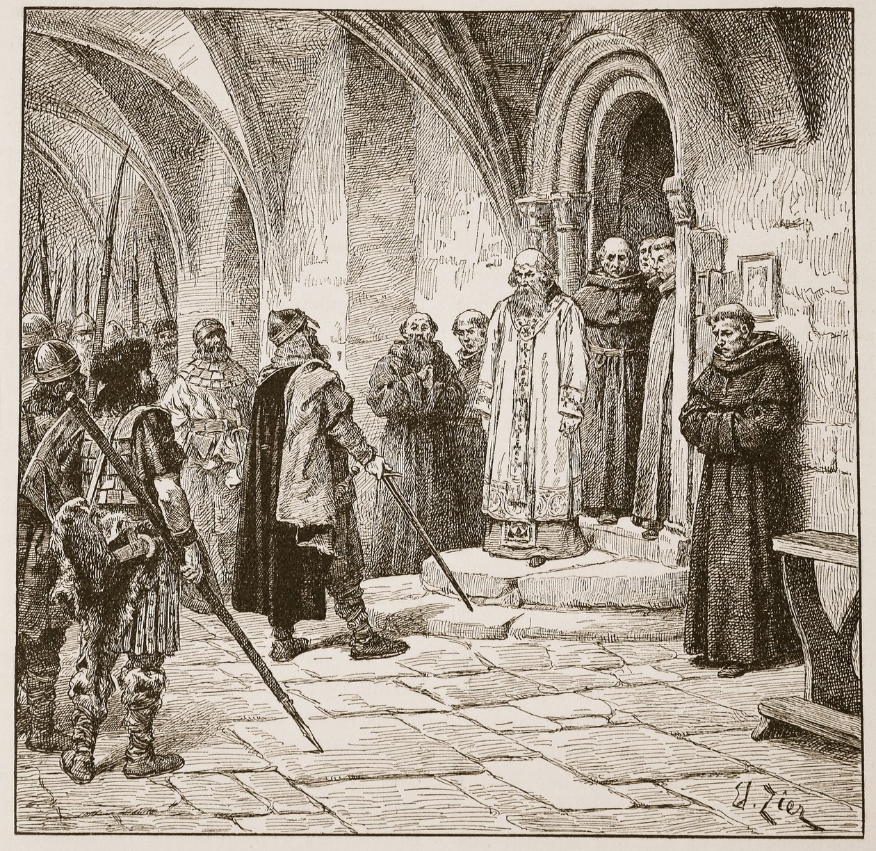 Swein żądający okupu, ilustracja z „Kościoła anglikańskiego: historia dla ludu” autorstwa H.D.M. Spence-Jones, wyd. ok. 1910 (zdjęcie w sepii) autorstwa Francois Edouard Zier