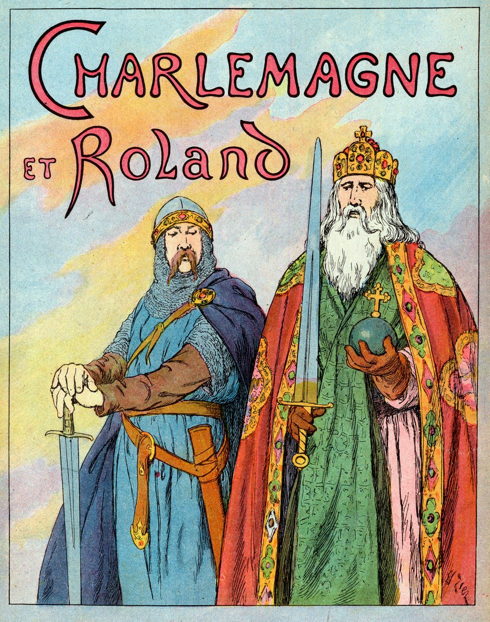 Król Franków Karol Wielki i francuski rycerz Roland de Roncevaux - Charlemagne and Le Chevalier Roland (736-778) - Ilustracja Francois Zier (1856-1924) zaczerpnięta z „Nos-Gires-Nationales”” około 1920 r. autorstwa Francois Edouard Zier