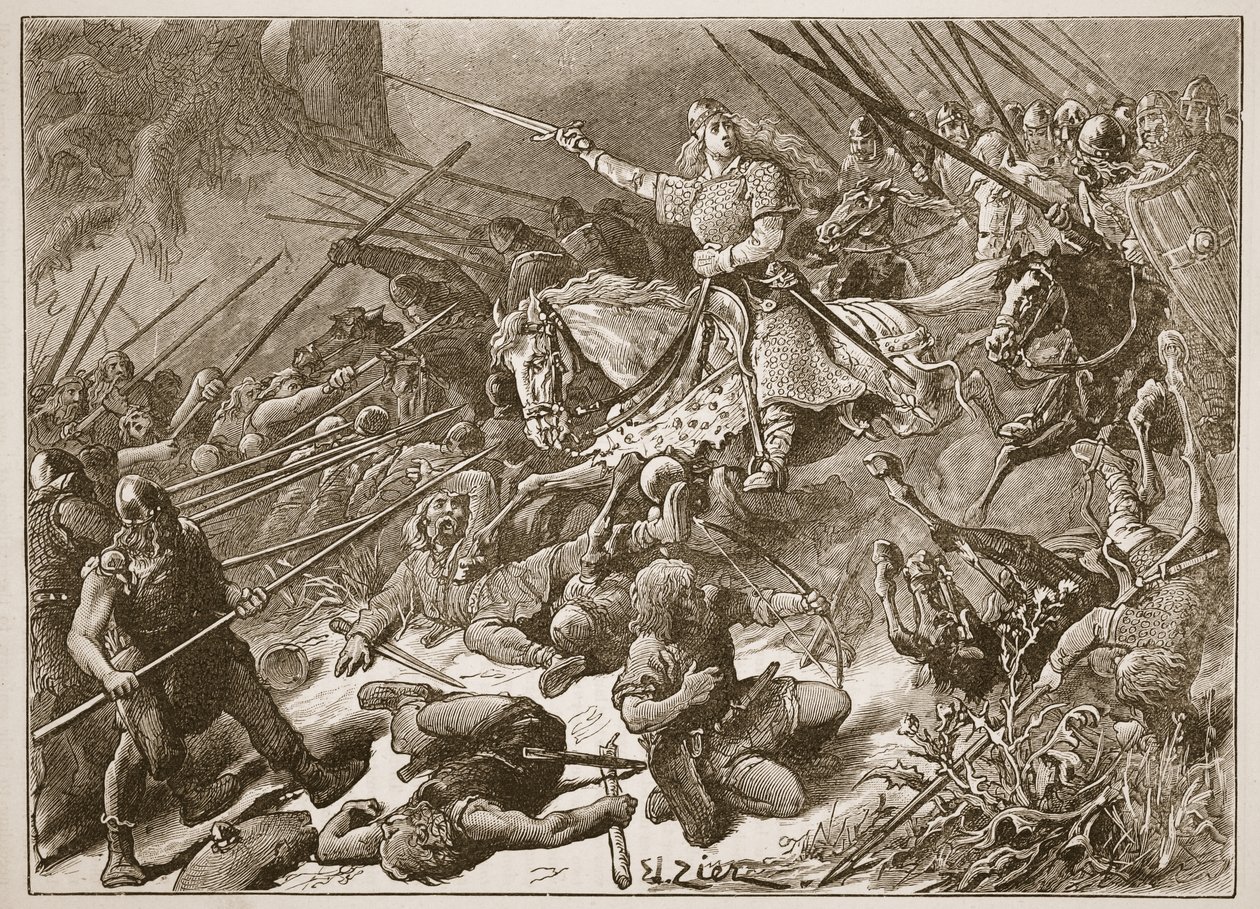 „Pani Mercians” walcząca z Walijczykami, ilustracja z „Ilustrowanej historii Anglii Cassella” (zdjęcie w sepii) autorstwa Francois Edouard Zier