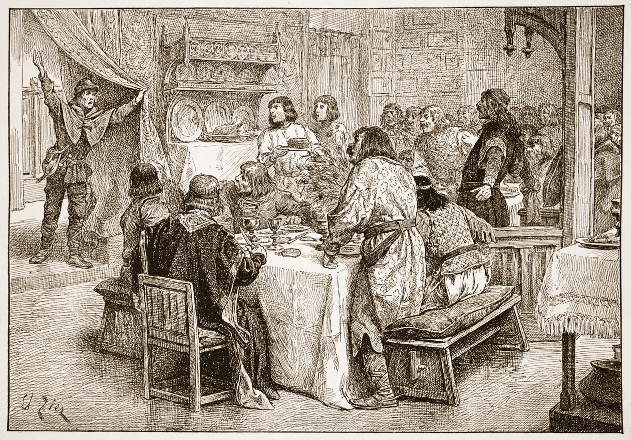 Posłaniec przynoszący Haroldowi wiadomość o lądowaniu Williama, ilustracja z „Kościoła anglikańskiego: historia dla ludu” autorstwa H.D.M. Spence-Jones, wyd. ok. 1910 (zdjęcie w sepii) autorstwa Francois Edouard Zier
