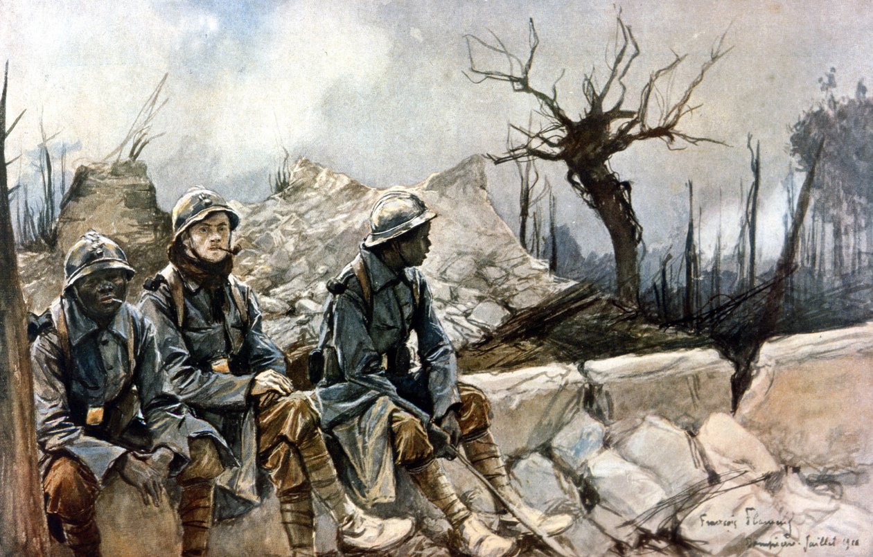 3 francuskich żołnierzy siedzących przed ruinami kościoła w Dampierre. Wojna 1914 - 1918. Obraz Francois Flameng (1856-1923). Paryż, Musée de l