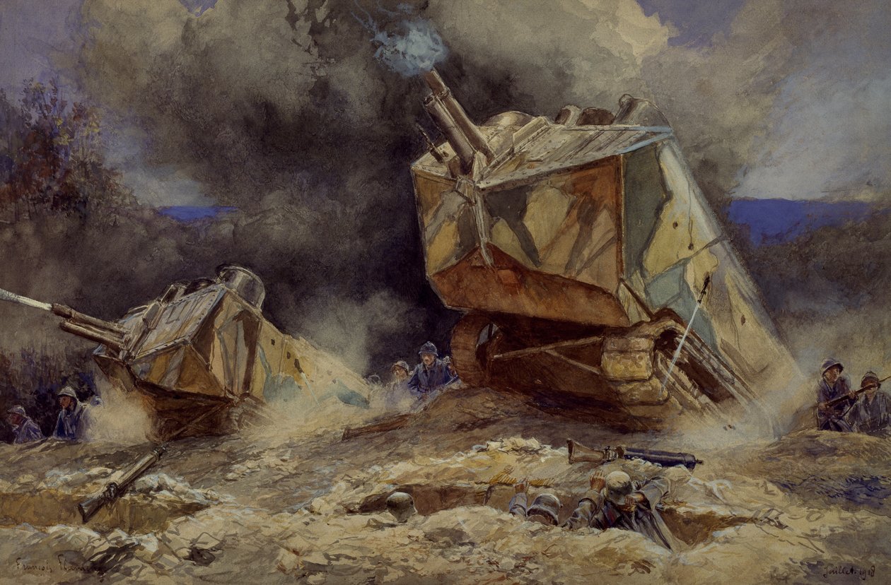 Atak na piechotę i czołgi w Saint Chamond, lipiec 1918 (akwarela) autorstwa Francois Flameng