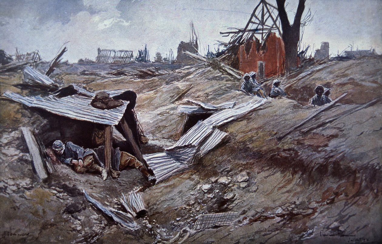 Pierwsza bitwa nad Sommą, czerwiec - wrzesień 1916: wojska francuskie w zrujnowanej wiosce Dompierre autorstwa Francois Flameng