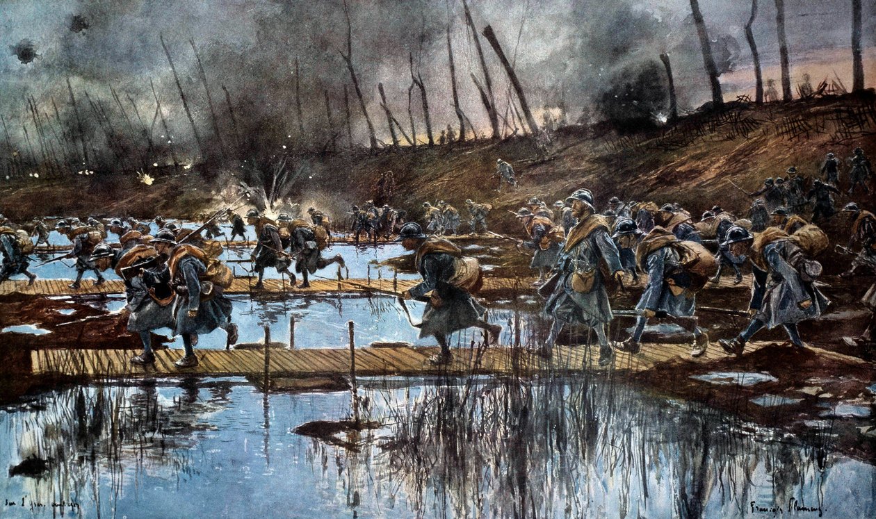 I wojna światowa (1914-1918): „”przejście Yser podczas ofensywy Flandrii w 1917”” Akwarela Francois Flameng (1856-1923) 1917, 30 x 50 cm. Paryż, Musée de l