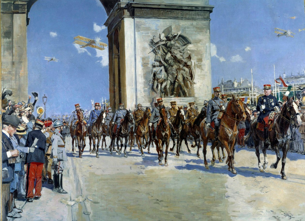 Pierwsza wojna światowa: „”Niebezpieczeństwo zwycięstwa w dniu 14.07.1919 nad Polami Elizejskimi w Paryżu”” wśród wojskowych Marechala Ferdinanda Focha (1851-1929) i Marechala Josepha Joffre (1852-1931). Obraz Francois Flameng (1856-1919) 1919 Paryż, Musee autorstwa Francois Flameng