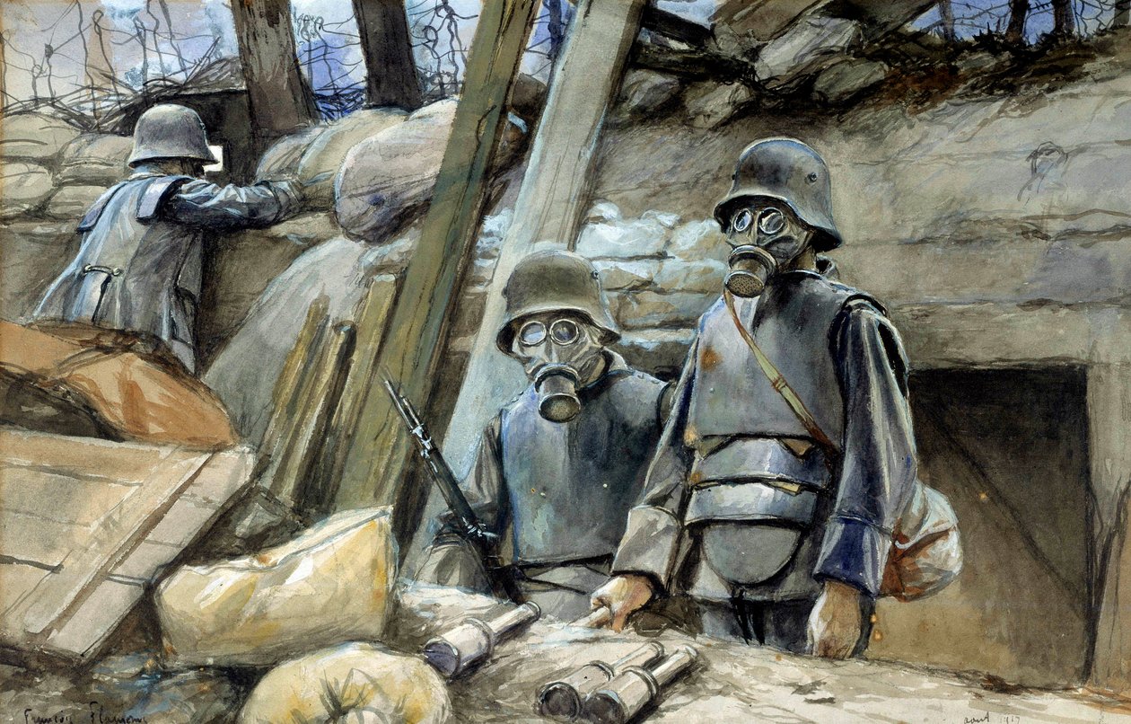 I wojna światowa: „”Żołnierze niemieccy w zbroi okopowej i maska przeciwgazowa, sierpień 1917” „Akwarela Francois Flameng (1856-1923) Nd. 0,3x0,48 m Paryż, Musee de l