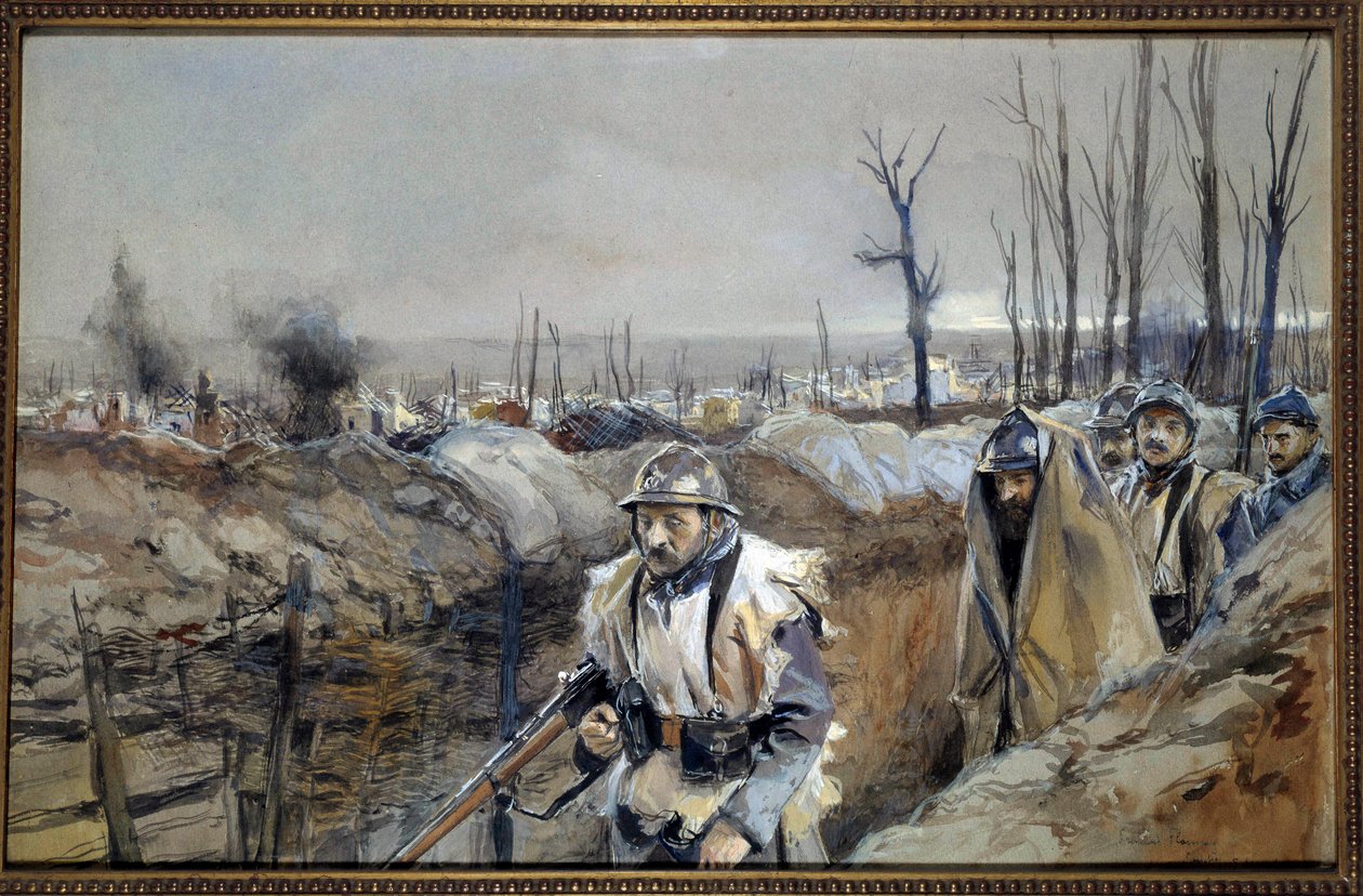 Pierwsza wojna światowa: „”Widok Souchez (w Artois), rów 18.12.1915”” Akwarela Francois Flameng (1856-1923) Grudzień 1915 Nd. 0,3x0,48 m Paryż, musee de l