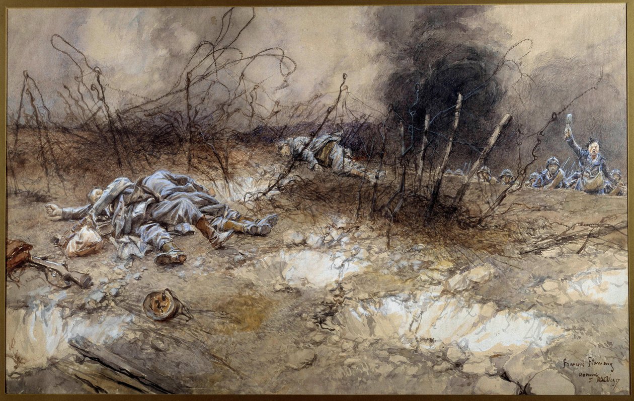 Pierwsza wojna światowa: scena bitwy pod La Craonne w dniu 5.04.1917. Ciało piechoty leżące wśród brody. Malarstwo akwarelowe Francois Flameng (1856-1923) Nd. 0,3x0,56 m Paryż, Musee de l