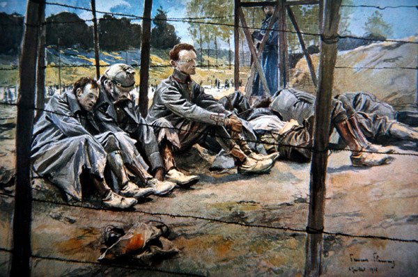 Oficerowie niemieccy schwytani przez Francuzów podczas ofensywy alianckiej, pierwsza bitwa nad Sommą, lipiec 1916 (kolor lito) autorstwa Francois Flameng