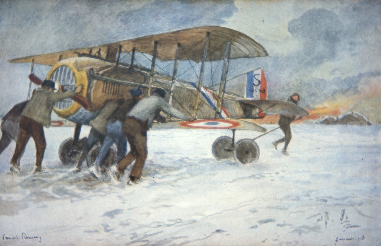 Załoga naziemna i pilot prowadzą francuski myśliwiec Spad przez śnieg do hangaru, styczeń 1918 (kolor litho0 autorstwa Francois Flameng