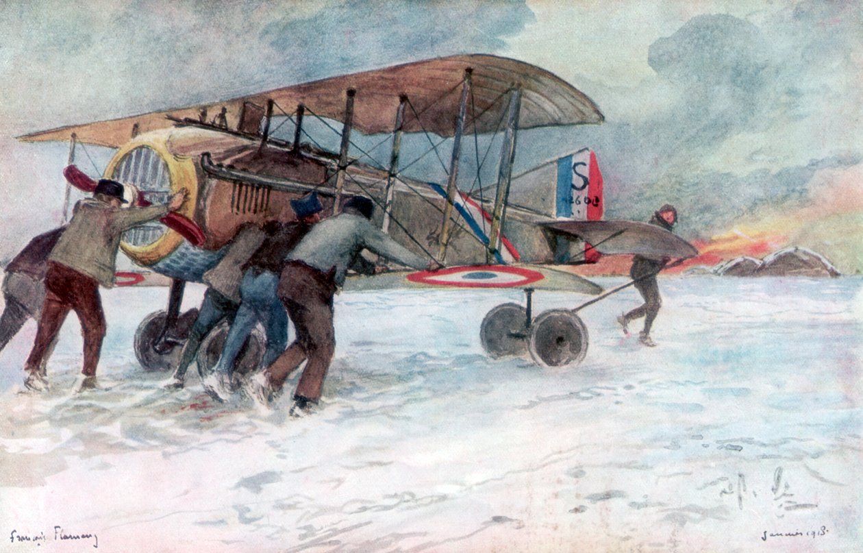 Załoga naziemna zajmująca się francuskim Spadem na pokrytym śniegiem polu, 1918, 1926. autorstwa Francois Flameng