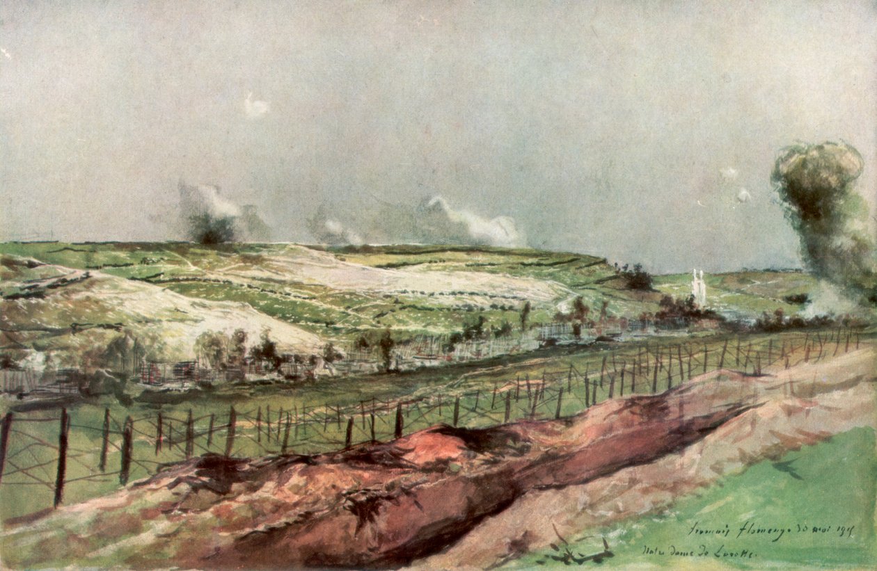 Notre Dame de Lorette i St Nazaire, Ablain, podczas bombardowania, Artois, Francja, 1915, 1926. autorstwa Francois Flameng
