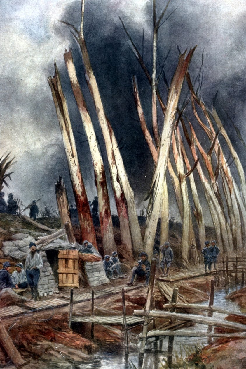 "Ofensywa pod Yser (1917)". Francuska linia w pobliżu Het-Sas tuż przed 31 lipca. Żołnierze czekający na rozkazy wśród drzew zniszczonych ostrzałem z poprzednich starć. Na podstawie obrazu Francois Flamenga (1856-1923), Francuza. autorstwa Francois Flameng