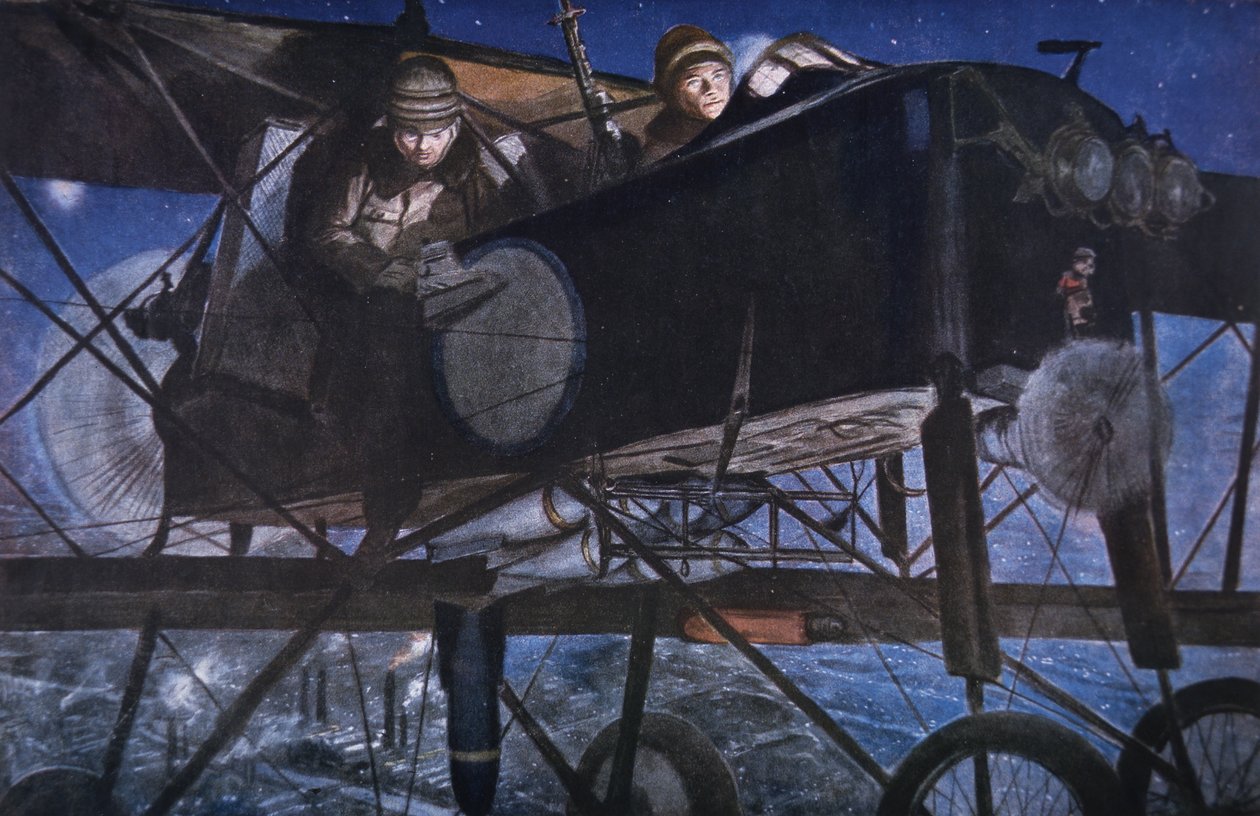 Nocne bombardowanie dwupłatowca Voisin z francuskimi służbami lotniczymi autorstwa Francois Flameng