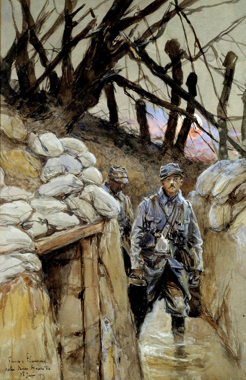 I wojna światowa: „”Żołnierz garnizonu zupy w okopie Notre-Dame-de-Lorette 28.06.1915”” Akwarela Francois Flameng (1856-1923) czerwiec 1915 Ndz. 0,3x0,48 m Paryż, Musee de l